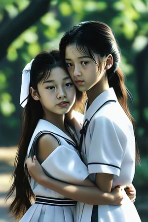 Produces a realistic image of teenage Asian girl hugging another girl. Sisters. They have long brown straight hair, small pubic hair standing, white school uniform, photorealistic, UHD, extremely detailed, masterpiece, realistic lighting, natural textures, high-resolutipn details, age difference, in school setting, cinematic quality, realism, Extremely Realistic,Midjourney style