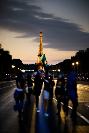 A kaleidoscope of vibrant colors and athletic elegance fills the iconic Champs-Élysées as numerous pretty sportsgirls from around the world attend the Opening Ceremony of the 2024 Paris Olympics. Amidst the Eiffel Tower's majestic backdrop, a sea of flags waves in unison, showcasing unity among nations. Multinational athletes beam with excitement and pride, their faces illuminated by the soft golden glow of setting sun. MikieHara's masterpiece captures the essence of international camaraderie, as sportsgirls clad in gleaming white attire pose confidently against a backdrop of twinkling lights and grandeur.