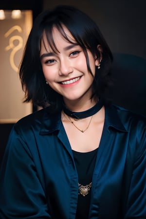 frey4, solo, looking at viewer, smile, short hair, brown hair, shirt, jewelry, upper body, heart, earrings, japanese clothes, teeth, choker, grin, blurry, black shirt, blurry background, black choker, blue jacket, photo background, reference inset, photo inset
