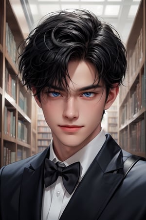 1boy, sexy wink. He is very handsome, he wears a high school uniform (white shirt, black bowtie, pants, backpack, books). detailed image, detailed skin. trendy hairstyle, blue eyes, black hair, sad and confused, close-up, Heleans a little, standing, medium long shot, luxurious library in background, tender smile.,cute,boy,Add more detail. The podium. Masterpiece, detailed study of the face, beautiful face, beautiful facial features, perfect image, realistic shots, detailed study of faces, full-length image, 8k, detailed image. an extremely detailed illustration, a real masterpiece of the highest quality, with careful drawing.