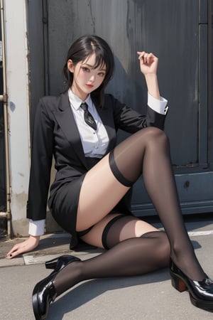 A woman wearing a black suit, tie, black long stockings, black leather shoes and black stockings raises her leg in front of the camera