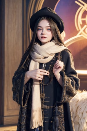 score_9, (Masterpiece), REALISTIC, UHD, vivid colors, color enhanced filter, 8K, more detail, ultra high_resolution, sharp, (advertisement shot), 1girl, ((She looks like Elle fanning, eyes look like Mila kunis, light smile)), 20yo, ((straight hair)), symmetrical eyes, detail face feature, well-proportioned body, detailed fabric textures in clothing, she is a wizard, (magazine photo, Chanel brand fashion collections dress and coat and accessories and fedora and stick and scarf), (virtual unreal Hogwarts world Computer Graphic magic circle background)