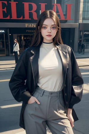 score_9, (Masterpiece), REALISTIC, UHD, vivid colors, color enhanced filter, 8K, more detail, high contrast, ultra high_resolution, sharp, (advertisement shot), 1girl, ((She looks like Elle fanning, eyes look like Mila kunis, light smile)), 20yo, ((straight hair)), symmetrical eyes, detail face feature, well-proportioned body, detailed fabric textures in clothing, she is a super model, (magazine photo, Prada brand fashion collections shirts and pants and jacket and and accessories), (virtual unreality world future city CG background)