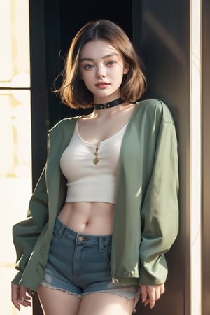 score_9, (Masterpiece), REALISTIC, UHD, vivid colors, 8K, more detail, ultra high_resolution, sharp, (advertisement shot), 1girl, ((She looks like Elle fanning, eyes look like Mila kunis, light smile)), 20yo, ((short bob hair)), symmetrical eyes, detail face feature, well-proportioned body, detailed fabric textures in clothing, she is a super model, (magazine photo, (Celine brand fashion collections), shirts, shorts, loosefit dark green blouson_jacket, choker, accessories, like Matilda of Leon), (virtual unreal world black background with dim light)