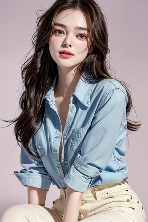 score_9, (Masterpiece), ((UHD)), vivid colors, 8K, more detail, ((ultra high_resolution)), (full body shot), blank_background, 1girl, (Korean), ((She looks like Keira Knightley, light smile, eyes look like Elle fanning)), emerald_eyes, 30yo, ((layered hair)), symmetrical eyes,(thicc), (long legs), small head, well-proportioned body and face, button up plaid shirts, whitejeans