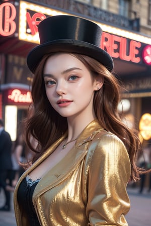 score_9, (Masterpiece), REALISTIC, UHD, vivid colors, 8K, more detail, ultra high_resolution, sharp, (movie poster shot), 1girl, ((She looks like Elle fanning, eyes look like Mila kunis, light smile)), 20yo, ((short wavy red hair)), symmetrical eyes, detail face feature, well-proportioned body, detailed fabric textures in clothing, she is a super-model, (magazine photo, (Saint Lourent brand lengendary fashion collections), dress, jacket, accessories, top hat), (virtual unreal Moulin Rouge stage detail background),