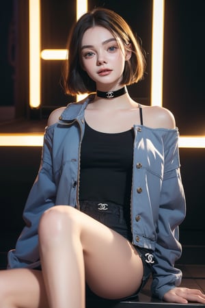 score_9, (Masterpiece), REALISTIC, UHD, vivid colors, 8K, more detail, ultra high_resolution, sharp, (advertisement shot), 1girl, ((She looks like Elle fanning, eyes look like Mila kunis, light smile)), 20yo, ((short bob hair)), symmetrical eyes, detail face feature, well-proportioned body, detailed fabric textures in clothing, she is a super model, (magazine photo, (CHANEL brand fashion collections), shirts, shorts, loosefit blouson_jacket, choker, accessories, like Matilda of Leon), (virtual world black background with light spakling)