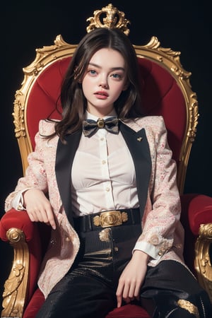score_9, (Masterpiece), REALISTIC, UHD, vivid colors, 8K, more detail, ultra high_resolution, sharp, (Godfather movie poster shot), 1girl, ((She looks like Elle fanning, eyes look like Mila kunis)), 20yo, ((swept back hair)), symmetrical eyes, detail face feature, well-proportioned body, detailed fabric textures in clothing, she is a super-model, (magazine photo, (Versace brand lengendary fashion collections), blouse, pants, blazer, accessories, bow tie, rose hankerchief), (virtual unreal sit on the throne, dark black background like the Godfather),
