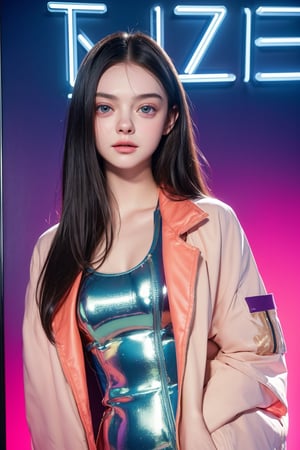 score_9, (Masterpiece), REALISTIC, UHD, vivid colors, color enhanced filter, 8K, more detail, high contrast, ultra high_resolution, sharp, (advertisement shot), 1girl, ((She looks like Elle fanning, eyes look like Mila kunis, light smile)), 20yo, ((straight hair)), symmetrical eyes, detail face feature, well-proportioned body, detailed fabric textures in clothing, she is a super model, (magazine photo, ZARA brand summer fashion collections dress and jacket and accessories), (CG neon light background and lettering on the wall "HIKER")