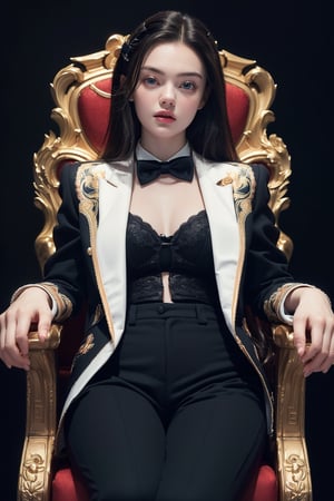 score_9, (Masterpiece), REALISTIC, UHD, vivid colors, 8K, more detail, ultra high_resolution, sharp, (Godfather movie poster shot), 1girl, ((She looks like Elle fanning, eyes look like Mila kunis)), 20yo, ((slicked swept back hair)), symmetrical eyes, detail face feature, well-proportioned body, detailed fabric textures in clothing, she is a super-model, (magazine photo, (Versace brand lengendary black fashion collections), blouse, pants, black blazer, accessories, bow tie, rose hankerchief), (virtual unreal sit on the throne, dark black background like the Godfather),