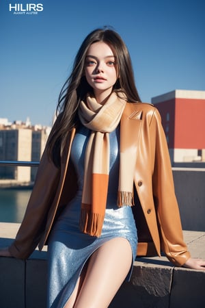score_9, (Masterpiece), REALISTIC, UHD, vivid colors, color enhanced filter, 8K, more detail, high contrast, ultra high_resolution, sharp, (advertisement shot), 1girl, ((She looks like Elle fanning, eyes look like Mila kunis, light smile)), 20yo, ((straight hair)), symmetrical eyes, detail face feature, well-proportioned body, detailed fabric textures in clothing, she is a super model, (magazine photo, Hermes brand automn fashion collections dress and jacket and scarf and accessories), (virtual reality world computer graphic background)