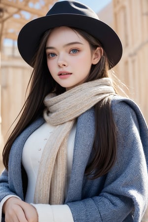 score_9, (Masterpiece), REALISTIC, UHD, vivid colors, color enhanced filter, 8K, more detail, high contrast, ultra high_resolution, sharp, (advertisement shot), 1girl, ((She looks like Elle fanning, eyes look like Mila kunis, light smile)), 20yo, ((straight hair)), symmetrical eyes, detail face feature, well-proportioned body, detailed fabric textures in clothing, she is a super model, (magazine photo, Chanel brand fashion collections dress and coat and accessories and fedora and stick and scarf like a wizard), (Computer Graphic patterned background)