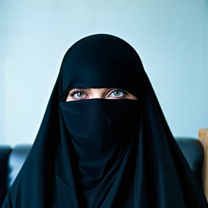 Arab woman wearing burka, glowing blue eyes, portrait.