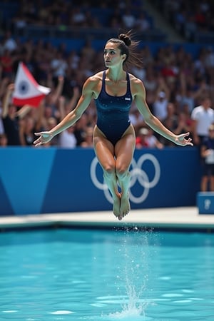 A stunning Olympic athlete soars through the air, her dark locks secured in a neat bun as she performs a flawless dive into the pool's crystal-clear water. Her toned physique is accentuated by the sleek one-piece swimsuit, showcasing her muscles in dynamic tension as she executes the athletic feat. In the background, enthusiastic fans wave the iconic Olympic flag featuring its five interconnected rings, adding a pop of vibrant color to the visually stunning scene.