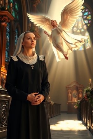 In a grand, dimly lit church, a stunning nun stands at the altar, her hands clasped in prayer. She is dressed in a traditional black habit, with a white wimple framing her delicate, attractive face. Her deep, expressive eyes are filled with shock and awe as she gazes upward. The soft candlelight in the church casts a warm, golden glow across her flawless skin, creating gentle shadows that accentuate her features. The texture of her habit is rendered with lifelike detail, the fabric slightly worn yet pristine, draping elegantly over her slender frame.

Above her, a breathtakingly beautiful female angel descends from a beam of ethereal light that pours through the stained glass windows. The angel’s radiant, flowing hair seems to shimmer in the light, cascading in soft waves down her back. Her wings are large and magnificent, with each feather intricately detailed, glowing softly as they reflect the heavenly light. She is adorned in a flowing, translucent gown that clings to her perfect form, her luminous skin glowing with a divine radiance.

The church interior is richly detailed, with ornate carvings on the wooden pews, the intricate stained glass windows casting colorful reflections on the stone floor. The atmosphere is thick with reverence, the air seemingly still as the nun and angel lock eyes. The angel’s expression is serene and comforting, while the nun’s shock is palpable, her lips slightly parted in disbelief. The lighting captures every nuance, from the soft glow of the candles to the brilliant light illuminating the angel, creating a stunning contrast that heightens the realism of the scene.