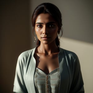 A photo-realistic image of a 40-year-old Pakistani Muslim woman, her light brown eyes piercing and captivating. Dressed in traditional Pakistani attire, she stands solo, her gaze directly meeting the viewer's with intensity. Dramatic lighting accentuates her strong, confident posture, while strong sunlight illuminates her eyes, enhancing her striking beauty. The scene, in a square aspect ratio, is rendered natural and realistic, with a neutral background that keeps the focus solely on her.