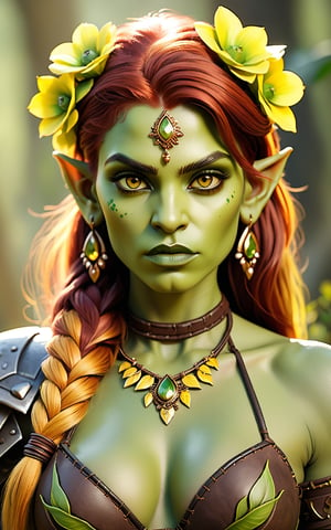 A stunning score-9 female orc model posing confidently with a captivating gaze. She wears a leather bikini with flowers adorning her hair, showcasing her toned upper body and striking features. Her long, ginger hair cascades down her back, framing her heart-shaped face with parted lips. Her yellow eyes sparkle with makeup, drawing attention to her mole under the eye. The camera focuses on her pretty yellow eyes, adorned with delicate jewelry, as she looks directly at the viewer. The background is blurred, adding depth and emphasis to her striking pose. 
Green skin, pointy ears, tusks, Female orc, yellow eyes