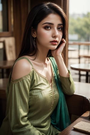 pakistani woman, tight punjabi shalwar kameez, light green eyes, pakistan, lifelike rendering, immersive atmosphere, impeccably detailed, visually stunning, transfixing looks, emotive depth, artistic emotionality, compelling glances, shoulder, cafe, outdoor, natural lighting, Intense Shadow,