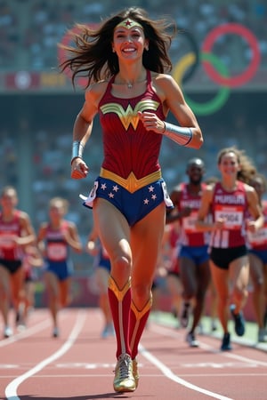 Photo of wonder woman participating in Olympic games, Olympics logo, marathon competition, multiple participants running along with her behind, arena, audience, encouraging smile. Dynamic running pose. Detailed face and eyes, detailed hands and fingers, detailed background. Best quality, best image, masterpiece, 16K UHD, full body view, 