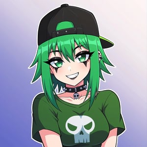 Female Anime character  wearing green baseball cap and green tshirt. Smiling. Green hair. Green eyes. Emo. 