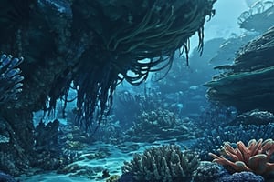 Background concept for the movie “Avatar”, reef, underwater landscape, coral, alien planet, beautiful landscape, alien plants