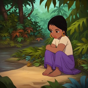 score_9, score_8_up, score_7_up, score_6_up, score_5_up, source_cartoon, absurdres, high quality, best quality, masterpiece, Shanti, black hair, braided ponytail, brown eyes, red bendi, gold hoop earrings, beige shirt, long purple skirt, barefoot, dark skin tone, full body, jungle, trees, leaf, grass, river, water