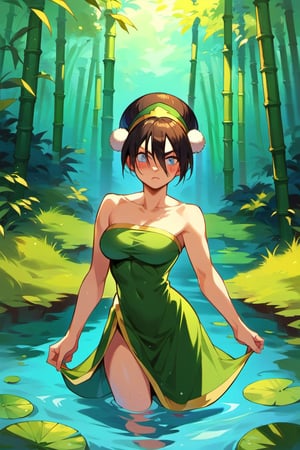 score_9, score_8_up, toph bei fong, blush, cowboy shot, green dress, detailed bamboo forest background, wading, pond