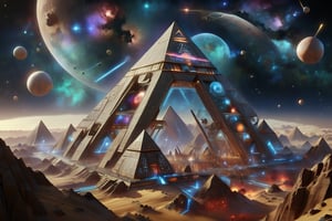 EgyptTech, futuristic, a mesmerizing space landscape with fantastic planets, pyramids, floating obelisks, city, science fiction aesthetics, futuristic masterpiece, detailed composition, best quality, low angle, glowing hieroglyphics, geometric architecture, star-shaped black drones