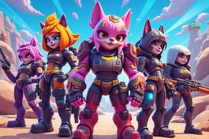 cartoon art, game design, Fortnite, Overwatch, exaggerated character features, playful designs reminiscent of animated TV shows, bright, vibrant colors and dynamic poses. diverse characters, unique costumes, highres, high quality, masterpiece, cartoon art, cyberpunk style, lasertech, military grade, sci-fi, futuristic, robots, cyborgs, lasers, hovercars, action, gang war, blaster guns, combat