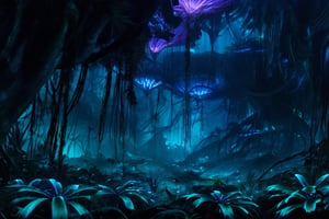 Background concept for the movie “Avatar”, bioluminescent forest, alien planet, beautiful landscape, alien plants