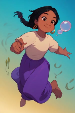 score_9, score_8_up, score_7_up, score_6_up, score_5_up, source_cartoon, absurdres, high quality, best quality, masterpiece, Shanti, black hair, braided ponytail, brown eyes, red bendi, gold hoop earrings, dark skin tone, full body, barefoot, feet, smile, happy, beige shirt, long purple skirt, (blue background), solo focus, (underwater, swimming, fish, seabed, seaweed, bubbles, air bubbles, exhaling air bubbles, blowing air bubbles, freediving, submerged, puffy cheeks, bubbles, closed mouth)