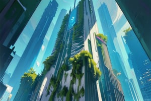 Futuristic skyscraper with a biomorphic design, lush vertical gardens, and soaring glass facade, inspired by Zaha Hadid, photographed by Candida Höfer --ar 16:9 --c 3,bird 's-eye view,DonM0ccul7Ru57,Void volumes,firefliesfireflies,El Cid