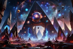 EgyptTech, futuristic, a mesmerizing space landscape with fantastic planets, obsidian pyramids, floating obsidian obelisks, city, science fiction aesthetics, futuristic masterpiece, detailed composition, best quality, low angle, glowing hieroglyphics, geometric architecture, star-shaped black drones