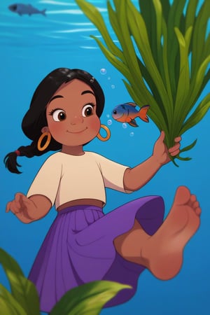 score_9, score_8_up, score_7_up, score_6_up, score_5_up, source_cartoon, absurdres, high quality, best quality, masterpiece, Shanti, black hair, braided ponytail, brown eyes, red bendi, gold hoop earrings, dark skin tone, full body, barefoot, feet, smile, happy, beige shirt, long purple skirt, (blue background), depth of field, solo focus, (underwater, swimming, fish, seabed, seaweed, air bubble, exhaling air bubbles, blowing air bubbles, freediving, submerged, puffy cheeks, closed mouth)