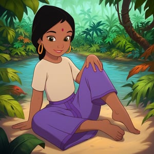 score_9, score_8_up, score_7_up, score_6_up, score_5_up, source_cartoon, absurdres, high quality, best quality, masterpiece, Shanti, black hair, braided ponytail, brown eyes, red bendi, gold hoop earrings, beige shirt, long purple skirt, barefoot, dark skin tone, full body, jungle, trees, leaf, grass, river, water, smile, happy