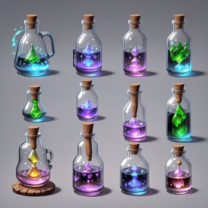 Array of magical world style potion bottles in pixel art, Each item is an independent pixelated entity with high-tech magic stoppers, Arranged in 2D pixel game prop style, No overlapping, Solid gray-black background for easy clipping, High quality, Detailed, Pixelated, Each potion bottle features a unique pixel design with Western fantasy aesthetics