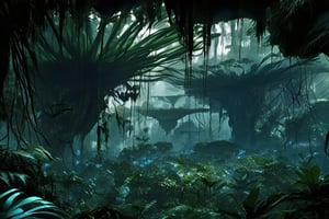 Background concept for the movie “Avatar”, forest, daytime, alien planet, beautiful landscape, alien plants