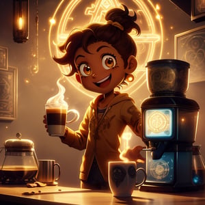 source_cartoon, BREAK, (luz_timeskip, brown eyes, brown hair, solo, 1girl, standing, smile, open mouth, hand up, dark skin, looking at viewer), BREAK, Glyphtech, magic, glowing glyphs, coffee machine, cup, mug, source_cartoon