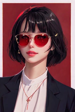 1girl, Stylized digital portrait of a person with fair skin and short, dark hair. The subject is wearing red-tinted sunglasses, a white shirt, and a black blazer. They have a confident expression with slightly parted lips and a relaxed posture. The background is a solid, vibrant red, which contrasts with the subject's attire. The person is accessorized with gold jewelry, including a necklace with a pendant and small hoop earrings. The overall composition is bold and striking, with a focus on the subject's face and upper body. easynegative, sinozick style, flat color, dark theme, g4n1m3