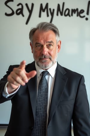 Photo of a serious man in a suit pointing at text on white board behind him, on the board it says "Say My Name!"