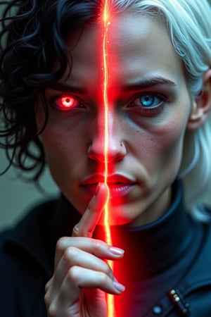 close-up of a figure with dual personalities, one side with dark hair and a red eye, the other with white hair and a blue eye, split down the middle by a glowing, red energy line.

cinematic lighting, extremely intricate detail character, accurate depiction of character, correct body anatomy, correct hands and fingers, extremely intricate skin and facial skin texture detail, lifelike potrayal, extremely realistic lighting, extreme dynamic pose. Extremely sharp detail without blurring.