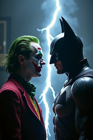 The Joker and Batman face each other, separated by a lightning bolt, with darkness in the Joker's background and a light shining on Batman in the Batman's background