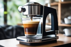 A close-up shot of an iron-coffee machine,