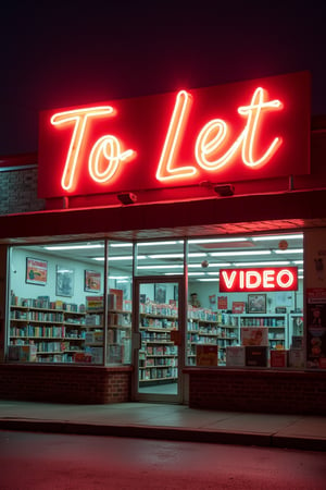 A 1980s Video store with a large neon sign with text that reads "To Let"