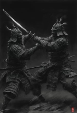 Score 9, Source Manga, (2 page manga) (Japanese samurai in Japanese armour engaged in slashing combat in the dark), Excellent image quality, Exquisite detail, Charcoal drawing, Charcoal, Popular Japanese action manga, Ink painting, Holding a sword, Swinging a sword down, Black aura, Glowing eyes, Demon mask, Cold air coming from mouth