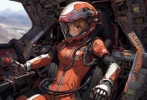 A girl in a skin-tight plug suit ((holding the control lever)) pilots a robot cockpit resembling an F1 kart, made of valves, pipes, cables and graphics cards. Sharp, detailed, cinematic, epic, detailed, messy, cluttered. <> CXL-Mech., ct-nijireal,gundamwingcockpit