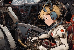 A girl in a skin-tight plug suit ((holding the control lever)) pilots a robot cockpit resembling an F1 kart, made of valves, pipes, cables and graphics cards. Sharp, detailed, cinematic, epic, detailed, messy, cluttered. <Maschinen Krieger ZbV3000. (Artworks Mechanical design by Hiroshi Yokoyama)In military colors and with distressed finish.> CXL-Mech., ct-nijireal,gundamwingcockpit,diorama