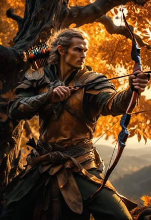 Majestic elven archer poised atop a towering tree, sunlight dancing across his features as warm colors and long shadows converge. Framed by the ancient trees' gnarled branches, his angular figure stands out against the distant hills' gentle slopes and sunlit grasslands' golden hues. The soft focus of the surrounding foliage emphasizes his strength as he readies his bow, poised for the perfect shot.