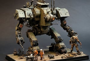 Maschinen Krieger ZbV3000. (Artworks Mechanical design by Hiroshi Yokoyama)In military colors and with distressed finish. Equipped with large weapons taken from an air raid diorama. Cables, sharp, cinematic, epic scale, detailed, messy, fire, smoke, legendary dark fantasy, Katsuhiro Otomo's manga "Farewell to Weapons", CXL-Mech,LegendDarkFantasy, "Farewell to Weapons", CXL-Mech, legendary, diorama