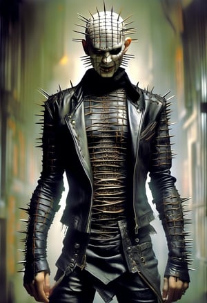 (Design: Yasushi Nirazawa. Artwork based on the full-body design of the Hellraiser concept art, variation) Punk leather fashion, asymmetrical character, diagonal angle shot